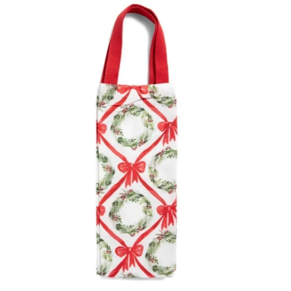 Sincerely Santa White Red Green Christmas Wreath Red Bow Canvas Wine Gift Bag